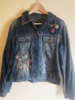 Embroidered Blue Denim Jacket with Floral Accents